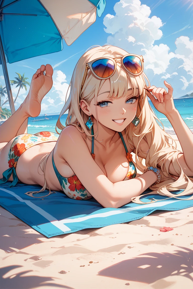(highest quality:1.3, Very detailed, up to date, Vibrant, Ultra-high resolution, High Contrast, masterpiece:1.2, highest quality, Best aesthetics), Portraiture、girl、slim, Bright colors、Beautiful fine details、Beautiful lip detail、long hair, ((wavy hair:0.4))、messy hair, blonde and blue ((streaked hair:1.3)), highlights hair: 1.3, (medium breast:1), (tan skin:1.3), tropical bikini, tropical beach, on the beach chair, tropical cocktail on side table, blue sky, blue sea, cowboy shot,