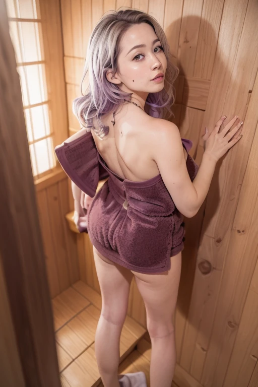 1girl in, 30 years old, Square face, straight look, Long purple hair in braids, daisy in hair, outfit with orchids, body facing the screen, lots of jewelry, white skin, attractive big breasts, butt big, colorful short nightgown outfit, colorful sexy mesh short shirt, angel wings on the back, sunny weather, bathing in the outdoor bathtub, creating many sexy poses