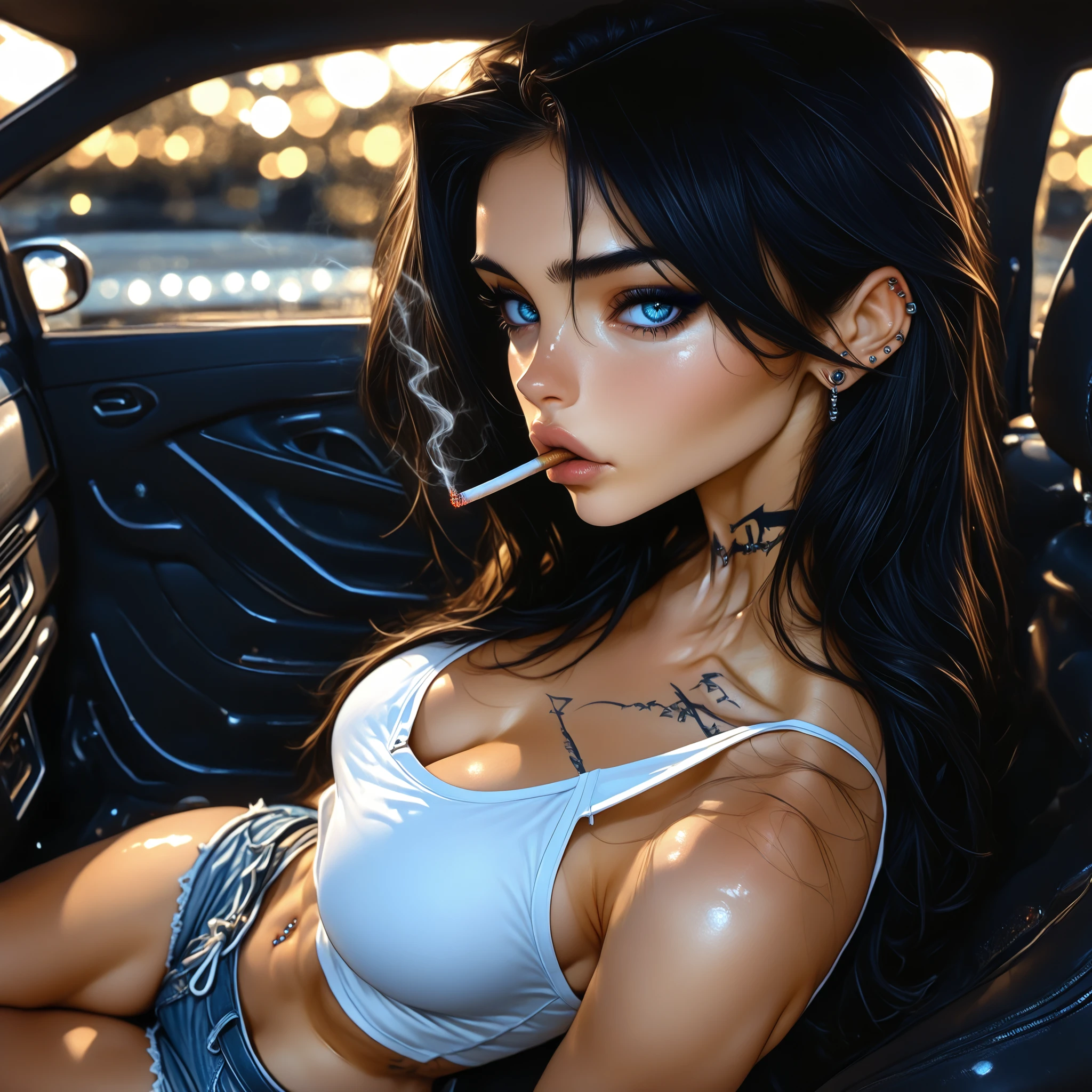 beautiful woman, resembling Angelina Jolie, sleeping with her mouth open, sleeping on the bus, short dress, drooling, cleavage, sweating, eyelids made up, passed out