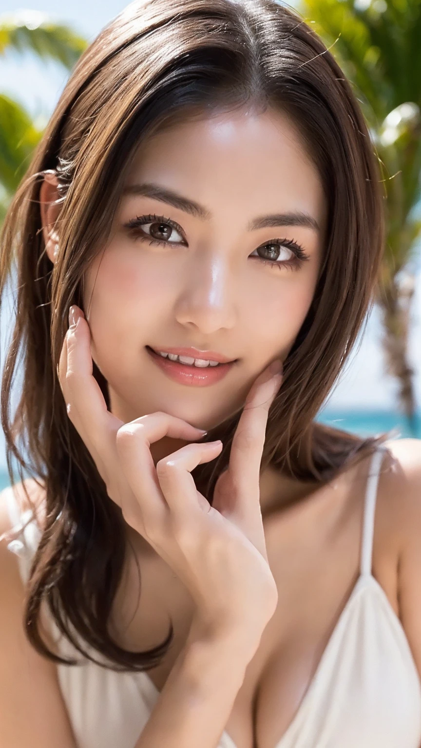 Highest quality、Ultra-high resolution、Fine skin、Flexible hair、Very beautiful face、Japanese Gal、Eyes that sparkle in every detail、Straight nose、double eyelid、Blonde、ponytail、Clear smile、Too sexy swimsuit、Micro Bikini、slender、Sexy lips、Whole body shot、One Woman