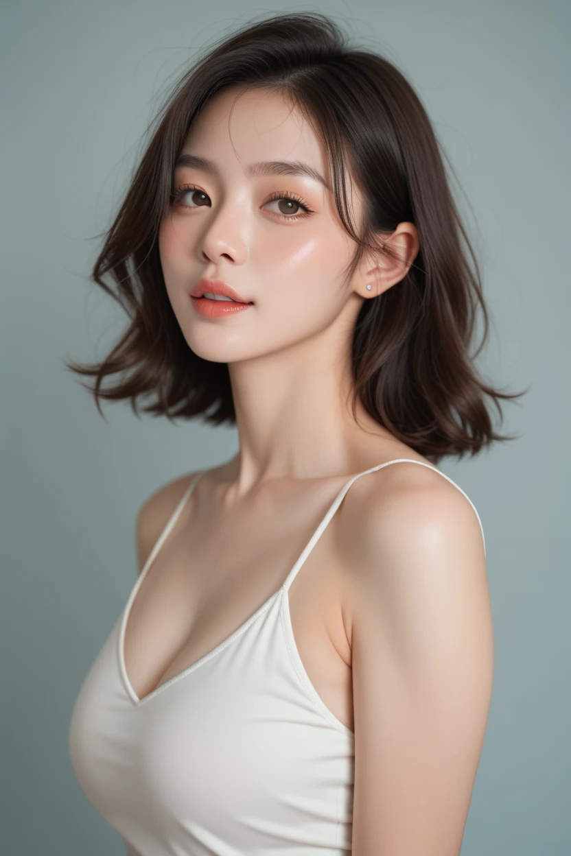Raw photography、masterpiece、realisitic、top-quality:1.5)、very detailed face and eyes、Pores are visible、shinny skin、Photorealsitic、large full breasts、Deep valley、You can see the shape of the tip of the chest、Soft breasts、韓国アイドル、A heavy eyelid、thick eyebrow