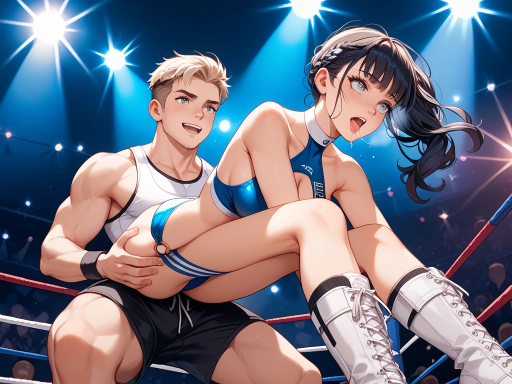 ((masterpiece)),((best quality)),(ultra-detailed),(an extremely delicate and beautiful),detailed backgroud, ((((1woman,tall stature)))and(((1shota boy,short stature)))),((((hetero)))),(height difference),(((wrestling ring))), (1woman),((((silver wolf/(Honkai:star rail/)))),(curvy:1.4),(huge breasts), pale skin,shiny skin, long hair,ponytail ,drill hair,hair between eyes, eyewear on head, navel, midriff,((She wears jacket, black jacket, sunglasses, gloves, black gloves, fingerless gloves, shorts,black shorts, shirt, white shirt, choker, crop top, fur trim)),(rolling eyes:1.4),(ahegao),(trembling),clothing aside, (((he licking her breast))),((breastfeeding)),(vaginal penis,sex),(cum in pussy:1.4),cum on clothes,cum on breasts,cum in mouth,cum on hair,(excessive cum:1.4), ((((1shota boy)))),(petite),penis,dark-skinned shota boy,interracial,