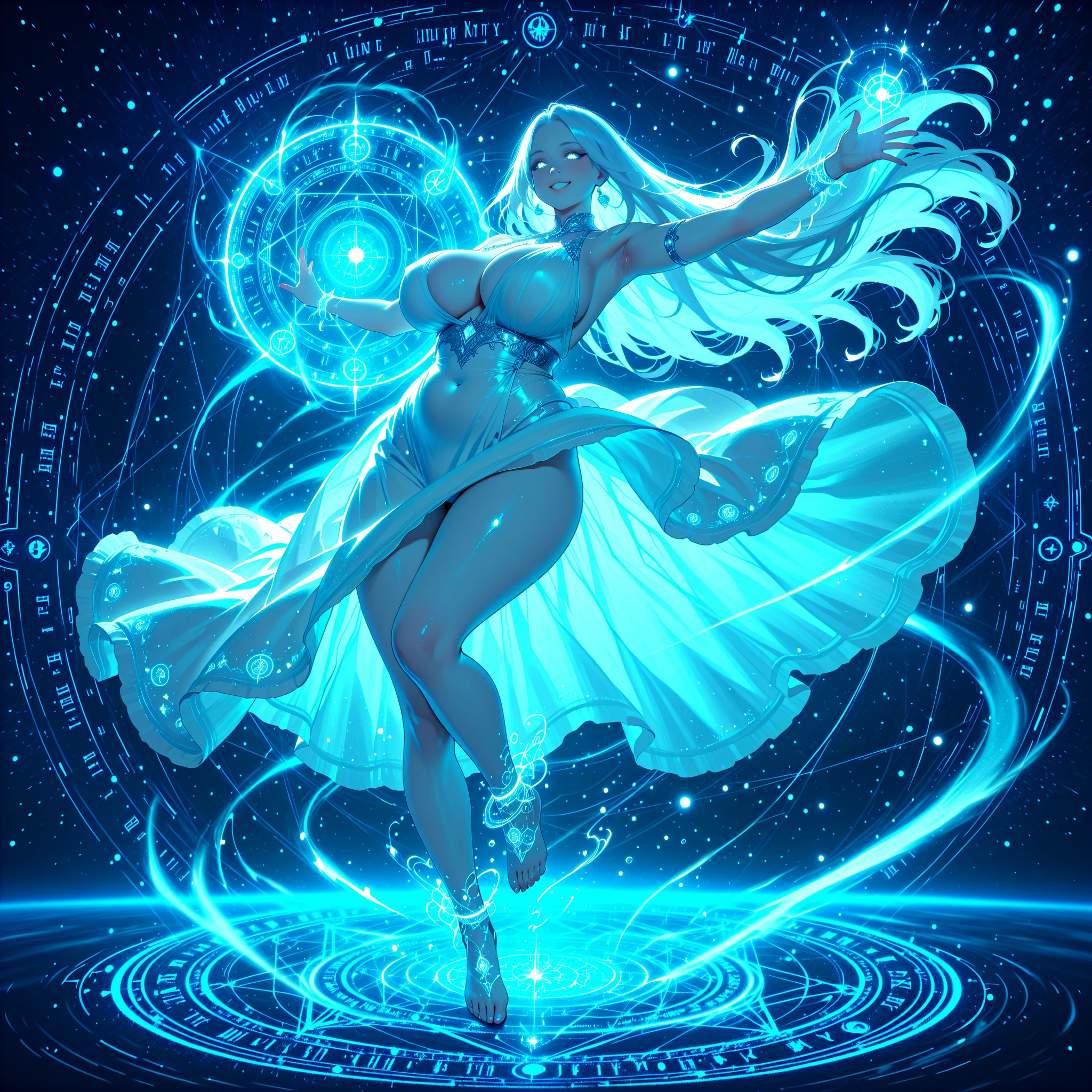 breathtaking 8k, masterpiece, beautiful mature woman, bioluminescent dress, ((very dark, high contrast)), glow, (bloom), looking at viewer, ((cowboy shot)), slight smile, long hair, long dress, in space, ((deep cleavage)), wide hips,