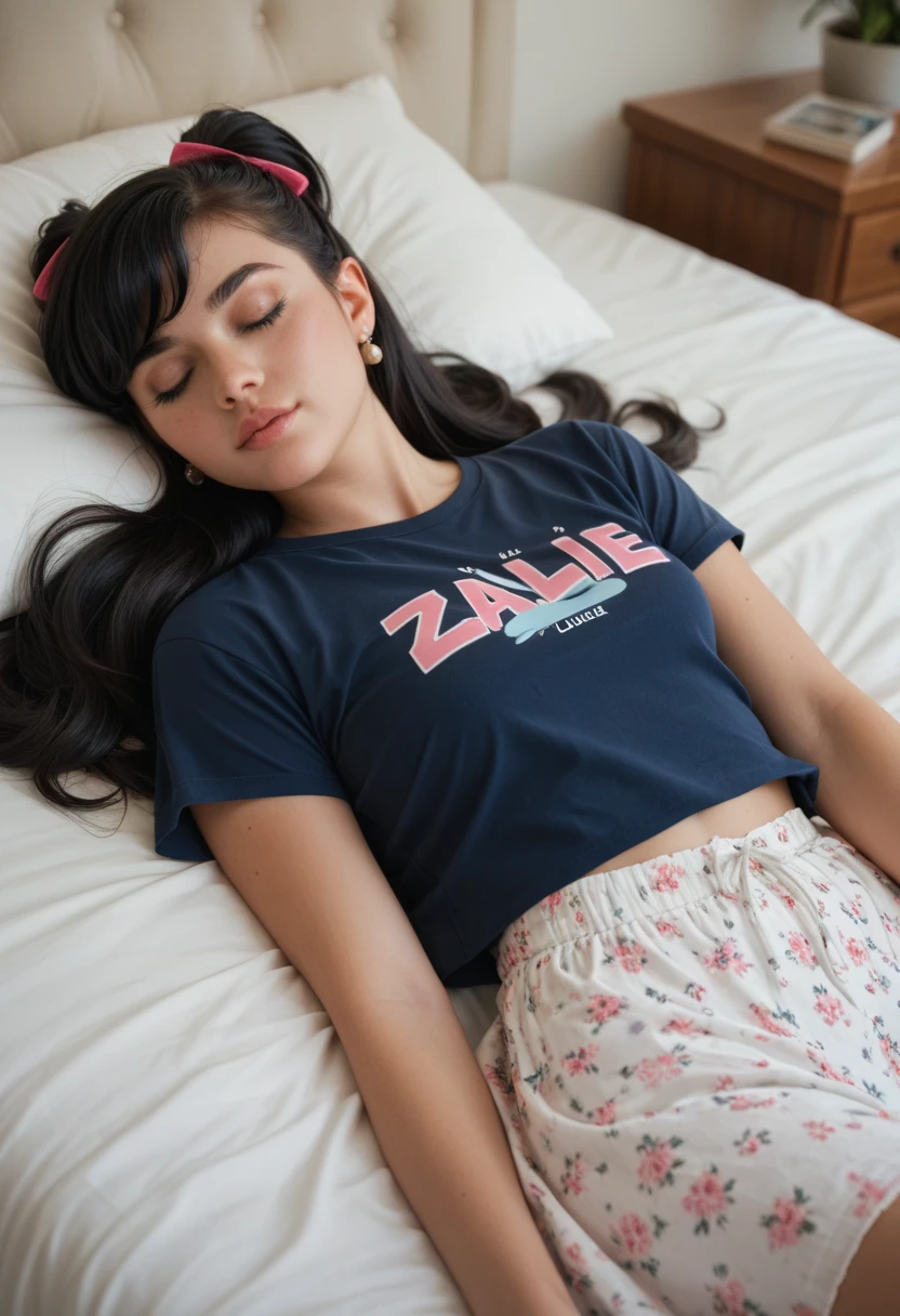 Realise la meme jeune fille de 20 ans au cheveux tres long de couleur violet et rose nommer Lucidia, vetue du meme tshirt rose sur le lit position sexy