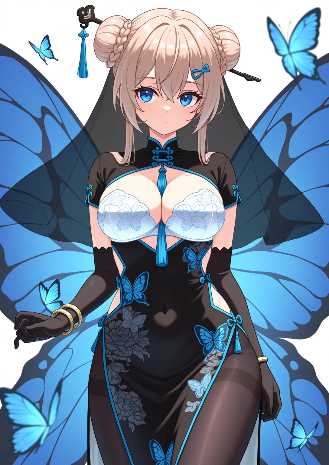 , (Masterpiece, Slim Body, Delicate Fingers: 1.2), Best Quality, (Illustration: 1.2), (Hyper Detail), Eye Focus, Ultra Detail, (Fine Detail), (Intricate Detail), HDR, (Ultra Detail: 1.15), (Soft Light: 1.2), (1 girls) , White hair highlights with blue, cyan eyes, teenager, lady nobility cloth, costume with blue accents, white shirt, blue jacket, (medium short white pant: 1.2), medium short hair, solo, wearing gloves, left white gloves, black right gloves, multicolored hair, ahoge, ascot, black ascot, long sleeves, butterfly, frilled sleeves, mismatched gloves, thigh straps, medium breasts, full portrait of elementalist, mismatched pupils, multicolored eyes, high quality, best quality, bare shoulders, full body image,