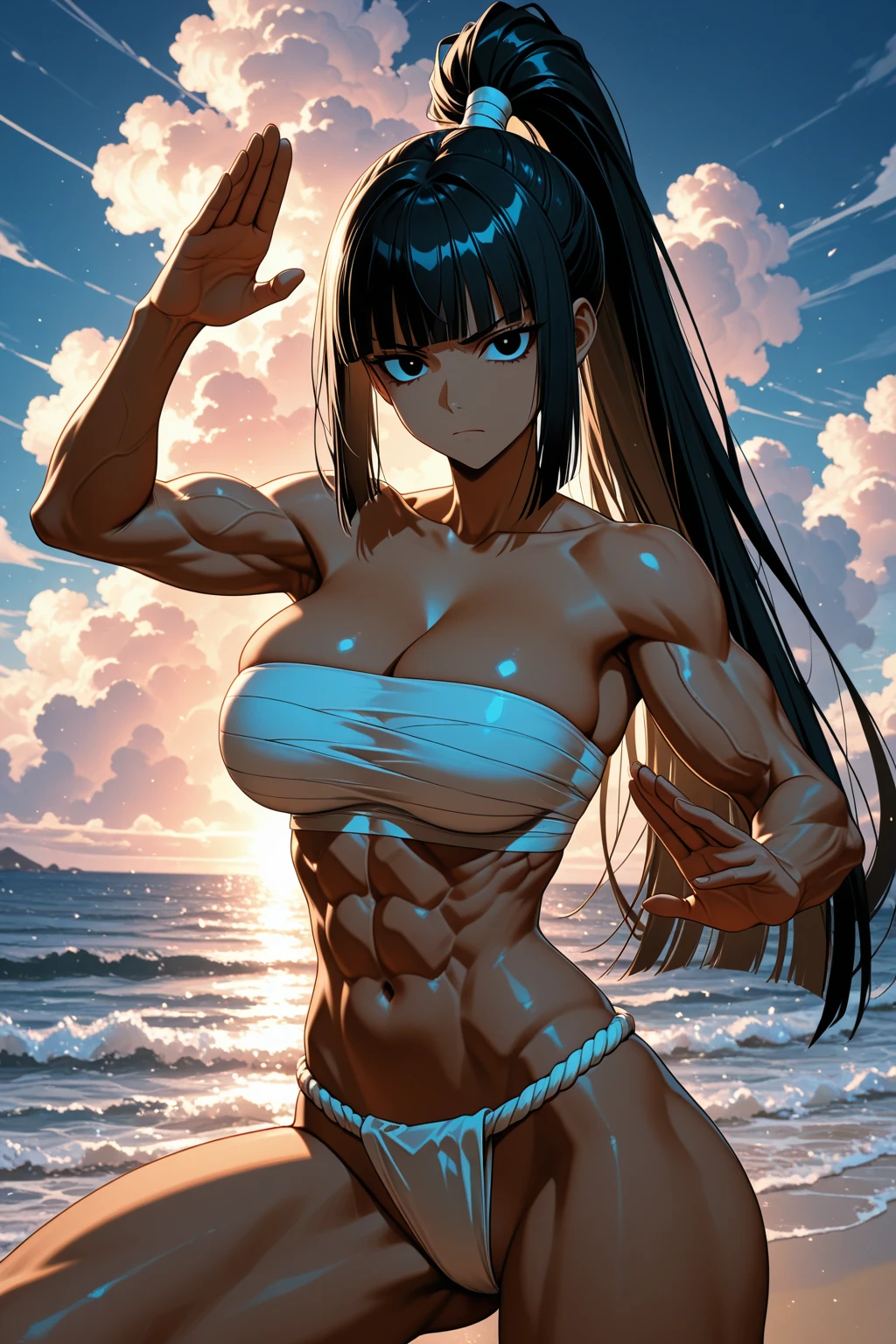 girl,beautiful girl, light, tifa,biceps,muscular female, alternate muscle size,,abs, muscular thighs,open mouth, abs, frilled bikini