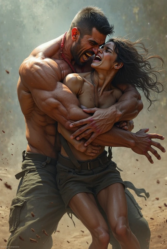 (photorealist), HD quality, detailed image, a muscular man in green pants, towered over a sexy woman with large breasts, long black hair, braid, wearing only black pants and white bra in frail form, her body already battered and bruised from the relentless beating she had endured. With a sadistic grin, the villian leaped high into the air and brought his full weight crashing down on the woman exposed stomach. Each impact sent shockwaves of agony through womans body, forcing her to scream out in unbearable pain. The ground beneath them cracked with every brutal landing, her cries growing weaker as the villian assault continued. Blood spattered from her mouth as the relentless pressure tore through her insides, and the final, devastating jump tore her bra apart, leaving her more exposed and humiliated than before. The woman consciousness flickered as her battered body lay helpless in the crater of destruction, her spirit on the verge of breaking under the monstrous torment.