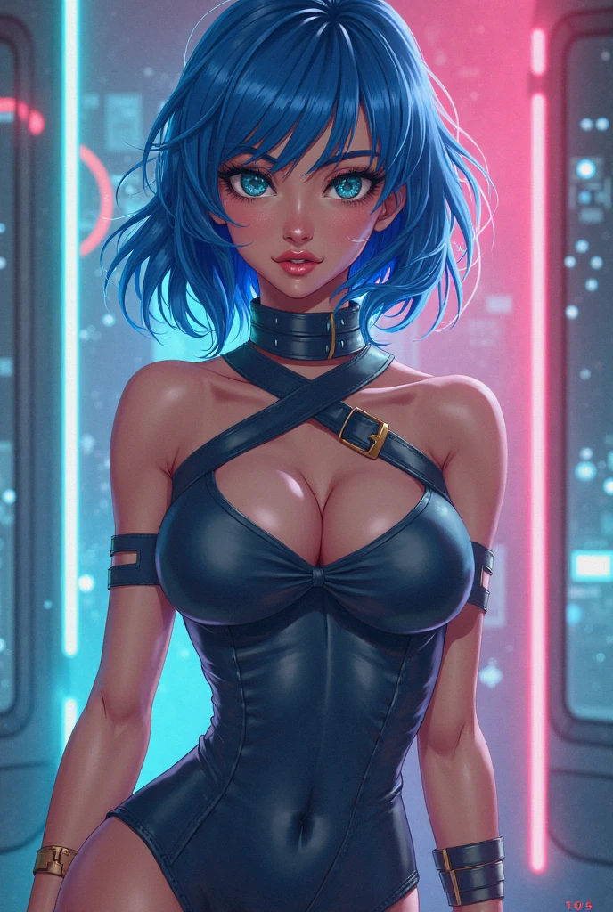 A thicc anime girl, short blue pixie haircut, dark green eyes, large breasts, skintight dark blue and dark green pilot suit, mecha, futuristic, (best quality,4k,8k,highres,masterpiece:1.2),ultra-detailed,(realistic,photorealistic,photo-realistic:1.37),highly detailed face, highdetailed eyes and lips, dynamic pose, intricate details, neon lights, cinematic lighting, glowing highlights, vibrant colors