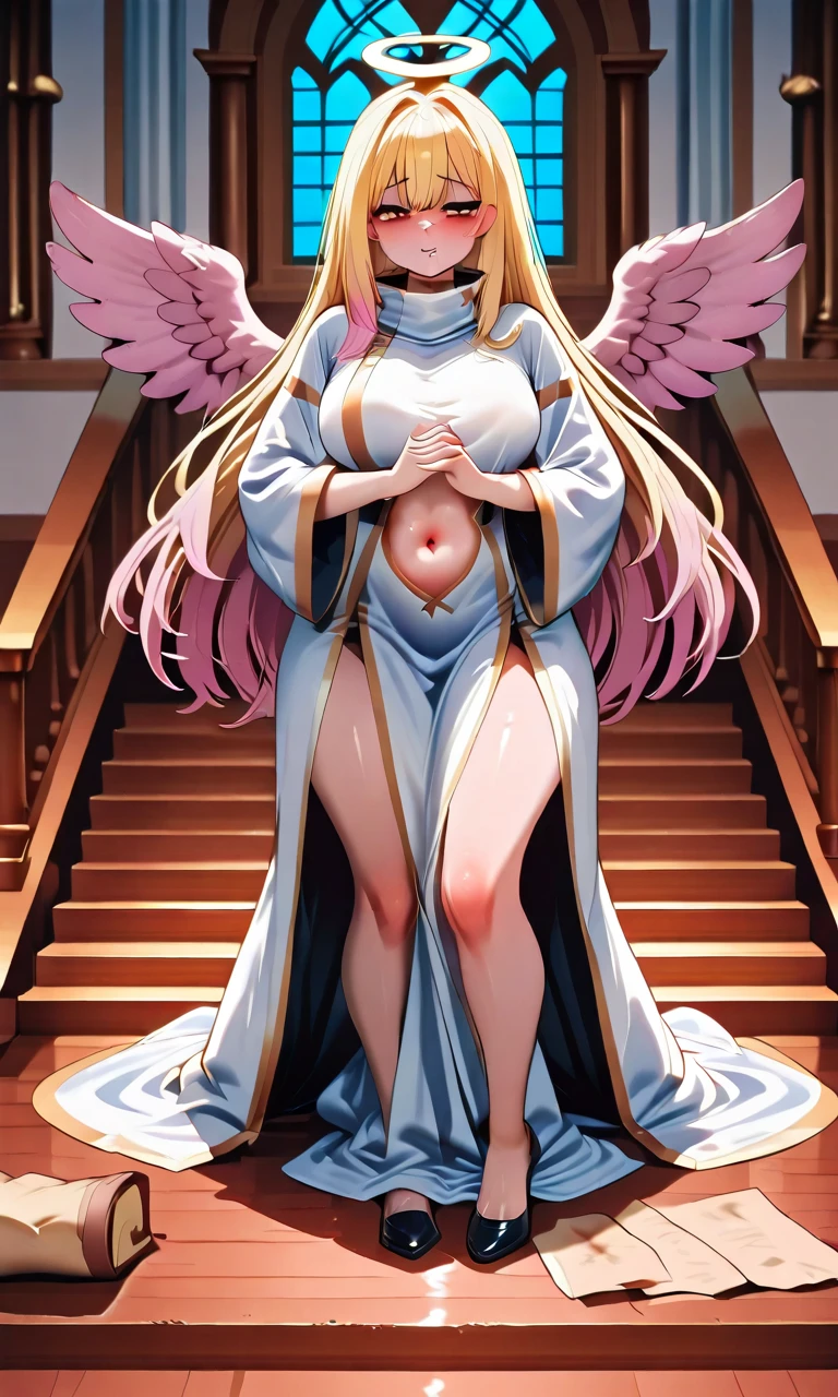 Anime. 1 Girl. Cute girl. Angel. Slave. Blonde. Long hair. Blue eyes. Beautiful eyes. Perfect eyes. Expressive eyes. Ideal face. Beautiful nose. Snotty nose. 16 years. Big breasts. Beautiful breasts. Pointy ears. She got sick. She has allergies. She has a runny nose. She has mucus from her nose. She has snot. Snot flows from the nose. She's on her period. Her crotch is bleeding. She has diarrhea. She wants to poop. She needs to poop. She has a strong, desperate urge to poop. The girl can't stand straight. Knees together, feet apart. She crapped herself with diarrhea while standing. Diarrhea runs down thighs. Ideal anatomical body. Beautiful long legs. The whole body is covered with scars. Angel wings. White wings. Dirty tunic. Torn tunic. She wears a diaper. Barefoot. Slave collar. Shackles. Standing. in full. Fantasy. Street. Many people. Beautiful character design. Shiny skin. Whole body. nsfw. ????. Official art. Extremely detailed CG Unity 8k wallpaper. Ideal lighting. Ultra high resolution 4K. Super detailed 8K. A high resolution.