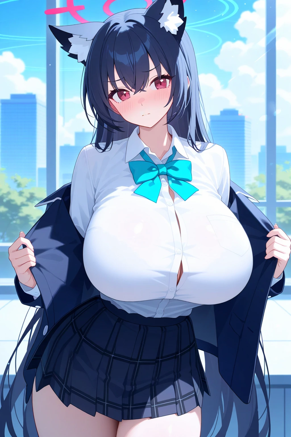 18-year-old girl，Baby Face，rain，cloudy day，PARKING LOT，Black short hair，ponytail hairstyle，Smile，Huge breasts，cleavage，Sheer school uniform，Soaked all over，Blushing