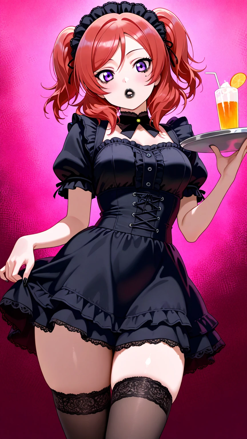 (extremely detailed CG unity 4k wallpaper),(masterpiece),(best quality),(ultra-detailed),(best illustration),(best shadow),(absurdres),(Detailed background), Red hair, Green eyes, Shoulder length hair, Pale skin, Thick thighs, Punk dress, fishnet stockings, red lipstick, black eyeshadow, Concert, singer, performer, celebrity, 