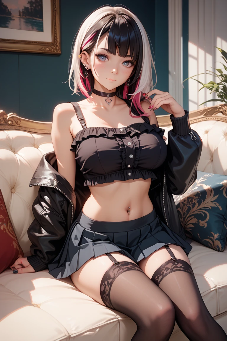 Gal girl, white skin, pink twintail hair, white strapless top, high waisted sleeveless jacket, white collar, heart shaped collar, black armbands, black stockings, jeans. Black shorts, sitting on a sofa, legs crossed, sexy poses, , glowing blue eyes, large perfect Model , Hot legs, Milk is in focus, sit, crossed Hot legs, (full body), Character ((Masterpiece, High qualityสุด)), High quality, 8ก, 4K, Highly detailed, high contrast, Masterpiece:1.2,High quality, , full body, full of details, …………………………………………….., มีHighly detailed, Very detailed illustrations.