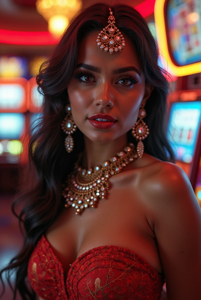A bold Indian girl is playing poker wear red glitter shiny saree sexy figure 