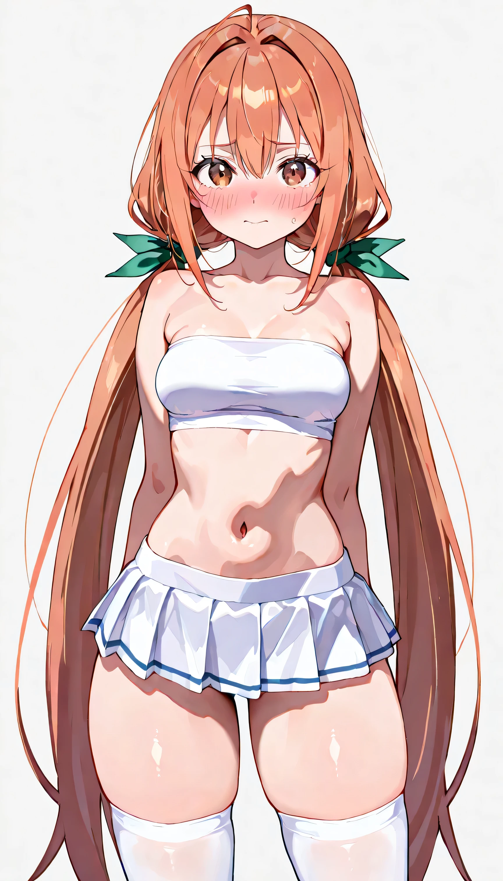 (best quality, 8k, masterpiece, incredibly absurdres, beautiful woman, perfect body, super detailed skin, highly detailed eyes and face) , 1 girl, karane_inda (20 years old), brown eyes, orange hair, very long hair, low twintails, green ribbon, hair ribbon, gyaru, medium breasts, kogal, Blush, (young), (cute), perfect body, (curvy), (medium breasts), (thick thighs), slim waist , tube top, white pleated skirt, micro skirt, midriff, white knee-high socks , standing, legs apart, nervous, embarrassed, medium shot, looking at viewer