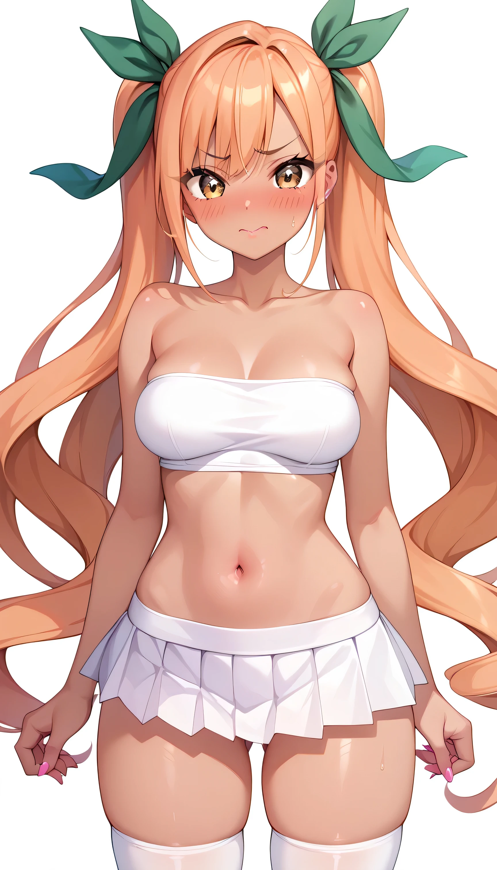 Quite large breasts、Long chest、blush、Sweat、In the heat、pokemonlusamine, blonde hair, green eyes, hair over one eye, long hair, multicolored hair, streaked hair, very long hair,、(The whole body is visible)、(White Bikini)、Breasts squeezed into bikini、Troubled face、Closed eyes、Are standing、
{Highest quality}, {so beautiful}, {Very detailed}, {Best illustrations},