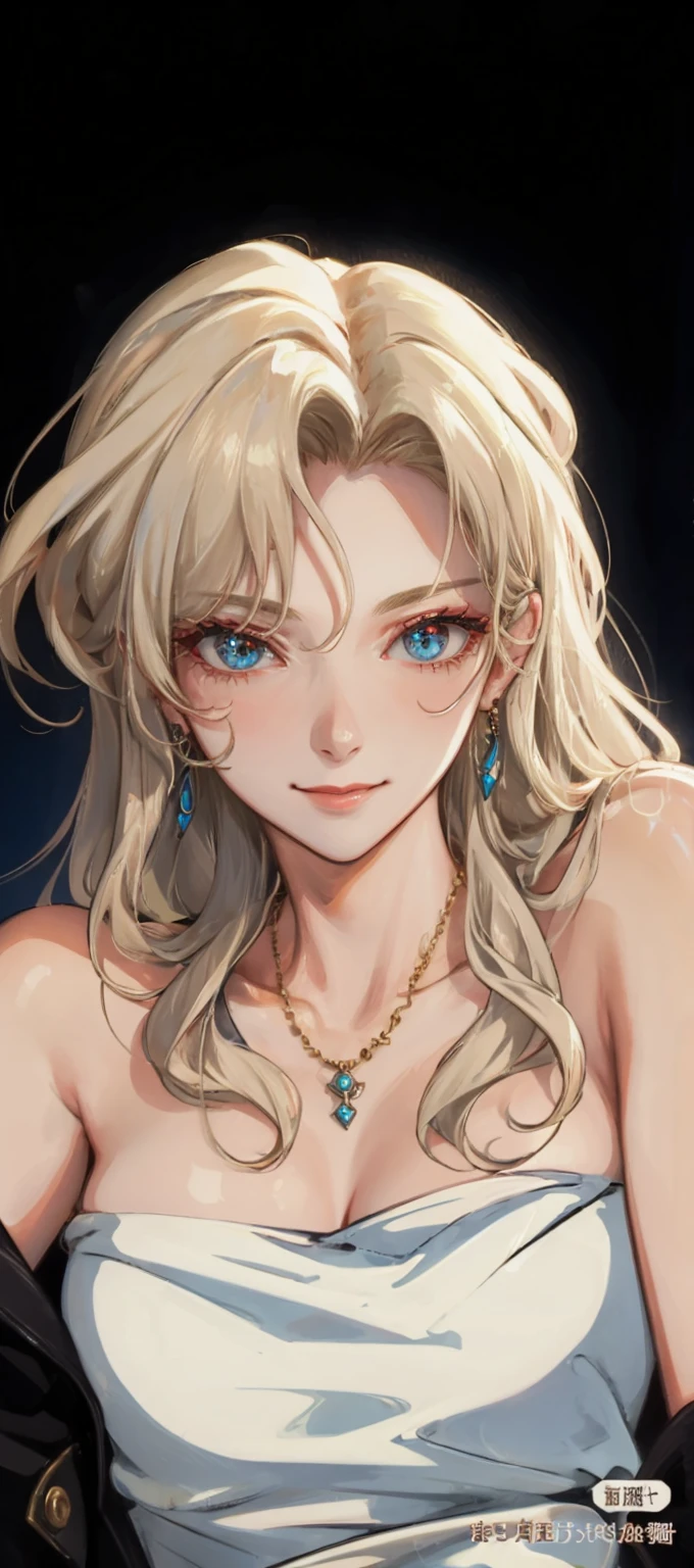 (masterpiece:1.2, best quality), (real picture, Intricate details), 1. Ms., Solitary, Upper Body,Royal sister， casual, Long blond hair, curls，Blue Eyes，gorgeous，Light makeup, Natural fabrics, Close-up of face, Smile, Home, Long Light Platinum Hair, Bangs, curls, Thick hair, Large Breasts, Red Dress，beautiful clothes, Blue parka, Blue coat, fur coat，gorgeous的项链，Delicate earrings