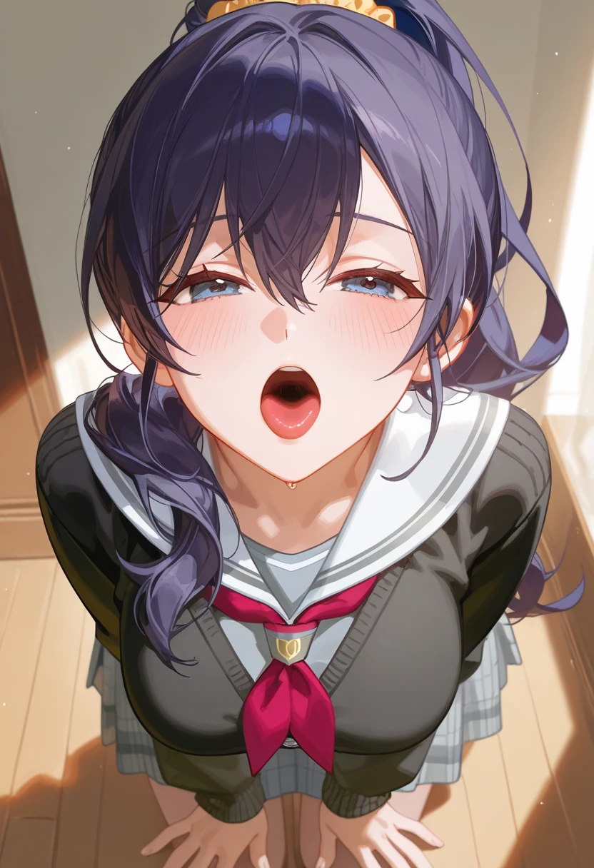 (masterpiece, best quality, ultra-detailed, high resolution, detailed eyes), takeda hiromitsu style, {{{1mature female}}}, (40 years old), (school girl uniform, sailor), curvy body, large breast, (makeup:1.0), big eyes, earrings, pet collar, embarrassed, sitting, (open mouth:1.4), (tongue out:1.4), (breath:1.3), looking at viewer, upper body
