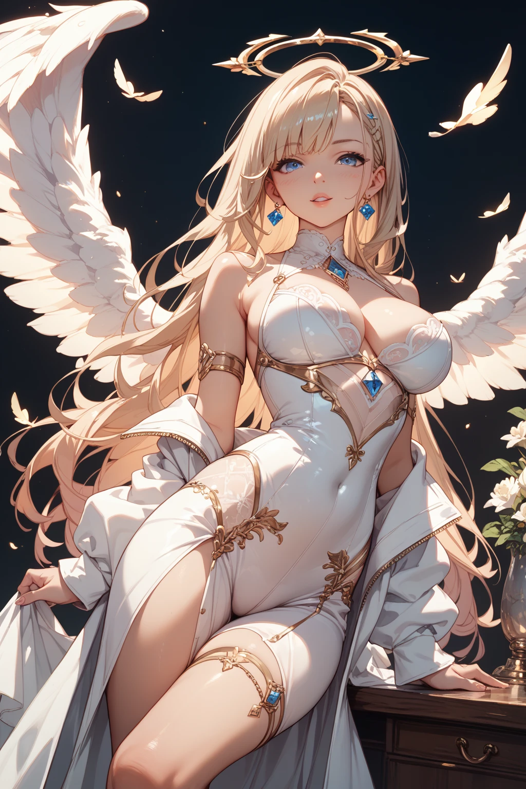 ((kneel down)) ((posing sexy)) ((beautiful russian supermodel is a celestial angel)) ((Big bright blue eyes)), ((dark eyeshadows make up)) ((bright red lipstick)), ((with innocent gaze)) ((very long light blonde hair))((huge breasts:1.5)) ((perfect slender body:1.3)) ((wearing white see through dress with gold ornaments)) ((white gloves and white stockings, showing micro underwear)) ((halo of light and gold over her head, big white wings)) ((glowing magic crystals and sparks particles floating around))((with black sky background and white light reflectors on her)), ((high definition:1.5), ((amazing lights and shadows)) ((masterpiece:1.5))((8k:1.5)) ((Best quality:1.4))