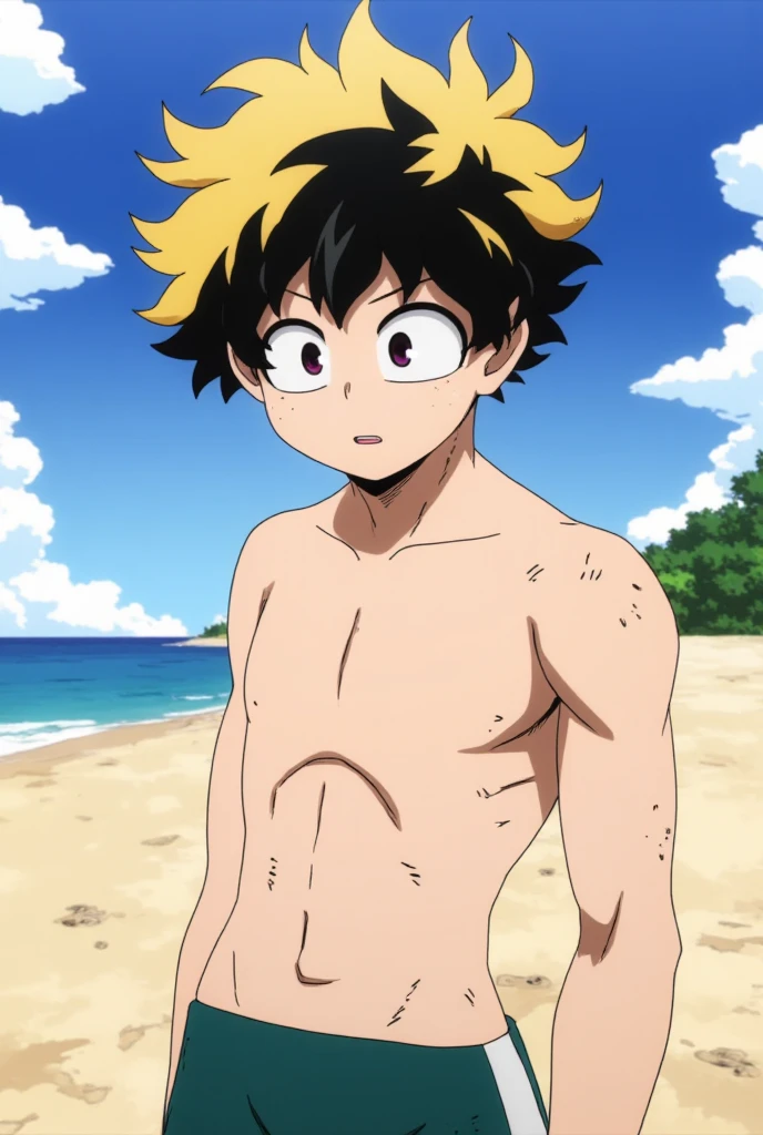 (masterpiece), best quality, izuku midoriya, a boy, wearing small green underwear, wearing red high-top sneakers shoes, naked body, from behind, turning his head to look at the viewer, bending over a table under and umbrella on the beach, ocean beach, bending over, looking over his shoulder, looking back, expressive eyes, grinning teeth, big smile, freckles, realistic body, perfect body, muscular, skinny