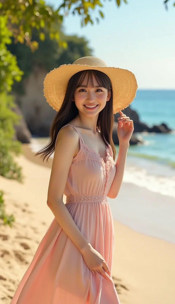 best quality ,masterpiece,ultra high res, very beautiful, kawaii, (photo realistic:1.4), 1girl, Japanese, brown hair, Cinematic, 35mm lens, f/ 1. 8, accent lighting, 8k, sundress, straw hat, Beach Resort, smile, from below, clear sky