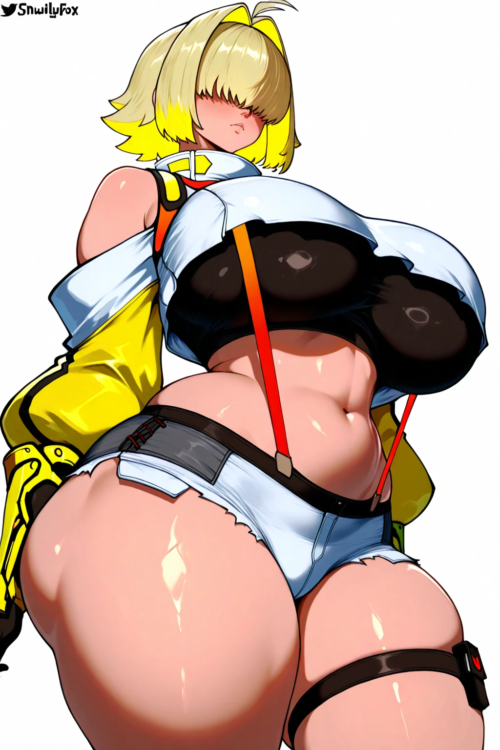 score_9, score_8_up, score_7_up, score_6_up, BREAK elegg,short hair, bangs, hair intakes, multicolored hair, hair over eyes,huge breasts,edgAdepta,wearing edgAdepta,power armor,shoulder armor,skull emblem 