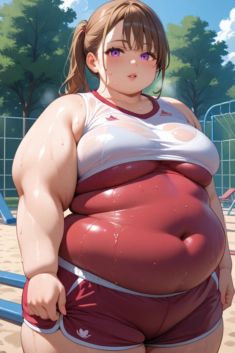 Massively obese boxer girl, shorts, tank top, running, red hair, extremely chubby, fat rolls, sweating, blushing, 