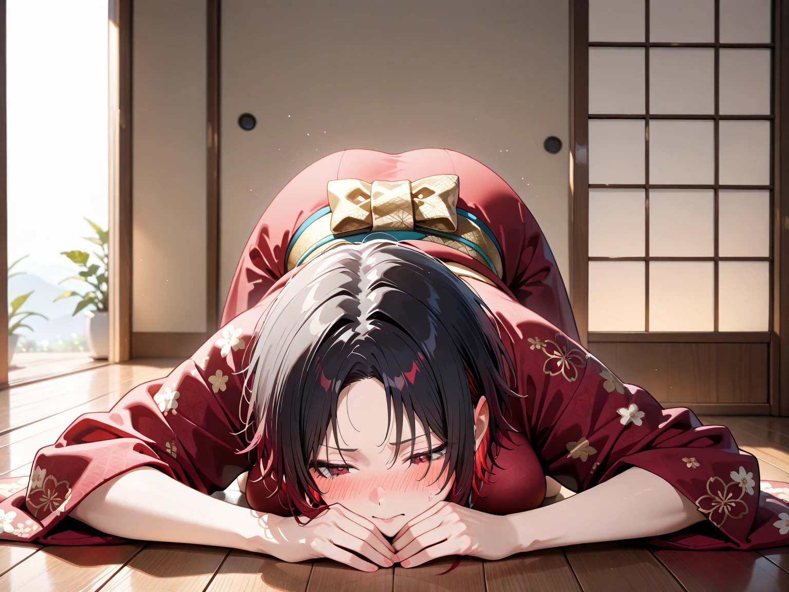 realistic photo, best possible quality,
meditation scene, tai-chi, Japanese yoga ornamentation, tea house, flat place with decorative stones on the floor, plants alongside in harmony and a small waterfall.
we see the back of a naked woman, on the floor, she puts her head on the floor with her arms stretched out on the floor, while she sticks her bare nude butt up, bending her knees on the floor, her breasts are small and firm, her firm nipples touch the floor, her delicate feet, perfect hands, her big, straight hair touches the floor