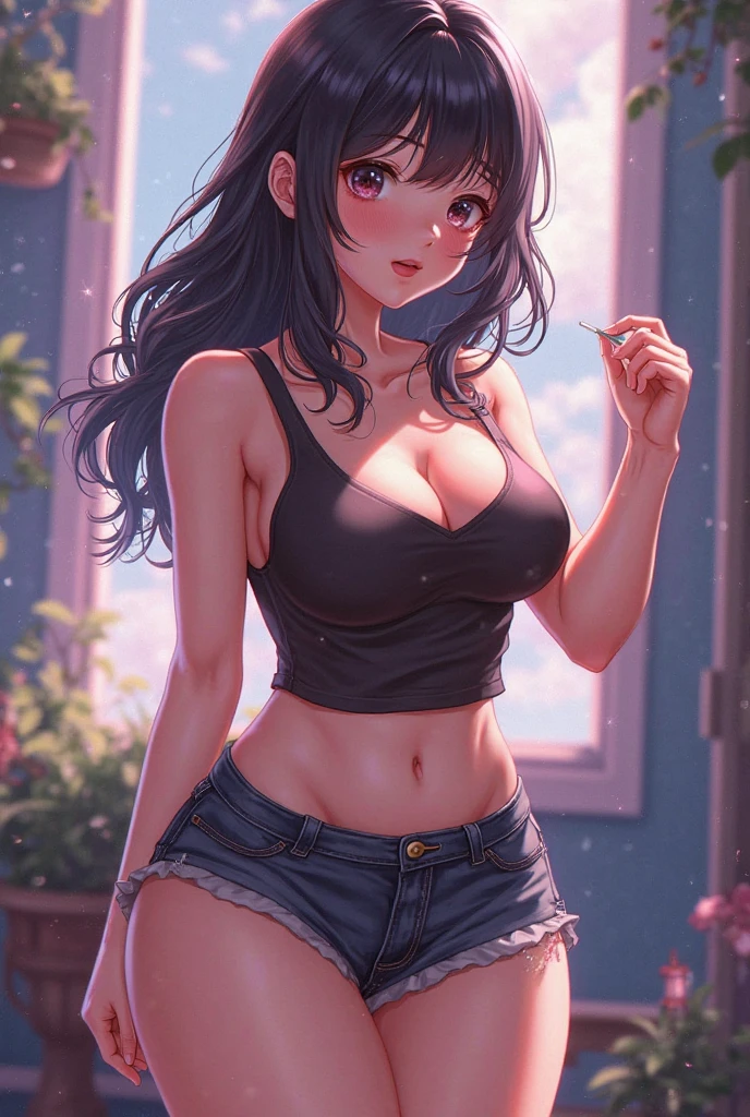 score_9, score_8_up, score_7_up, score_6_up,  1girl, gorgeous girl , kawai girl , cute face ,beautiful eyes, black hair, long hair, red eyes, bangs, (((large braided hair))), expressive ???????, (((short black top))), large, sagging breasts, breasts, transparent and swollen nipple, cleavage, lean forward forward, wet body, water drops, sexy thighs, standing, (tight cut), pose, focus on , short shorts, focus on , dark background, perfect lighting, (SuperQuality:1.0) ~ (SuperQuality:1.2)