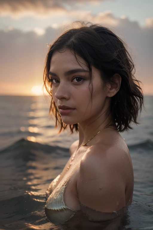 pretty woman, latina, 21 years old, brown short hair with black tips, brown green eyes, pretty face, unique face, birthmark on the cheek, earrings, super detailed, high details, skin texture, photorealistic, 8K, vacation on a yacht, sunlight