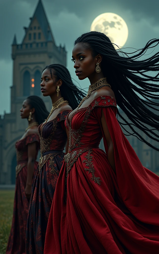 a beautiful detailed dark-skinned black woman wearing a golden crown with diamonds, posing in a medieval green vale with majestic medieval architecture in the background, professional majestic oil painting, dramatic, photorealistic, intricate, high detail, sharp focus, by Ed Blinkey, Atey Ghailan, Studio Ghibli, Jeremy Mann, Greg Manchess, Antonio Moro, trending on ArtStation, trending on CGSociety