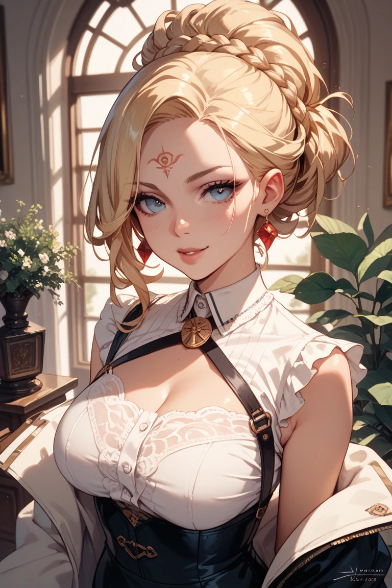 A girl with short white hair with green eyes with tattoos and wearing a wedding dress