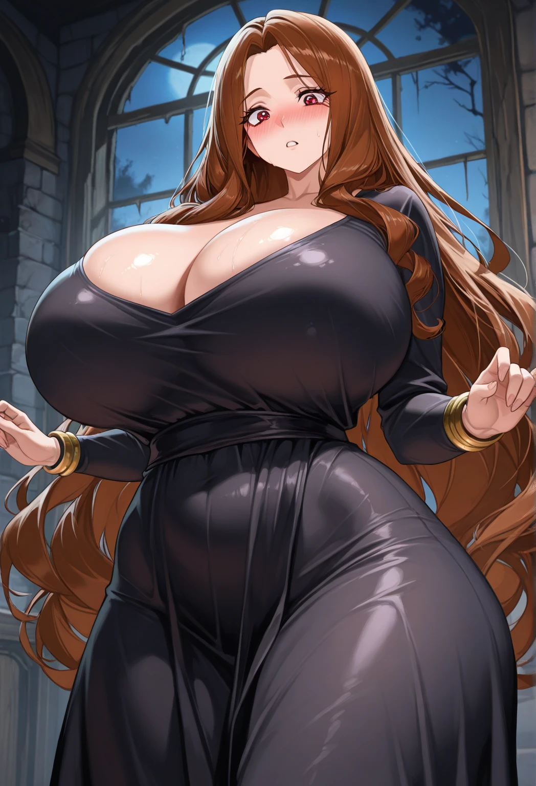 An anime-style artwork depicting Venelana Gremory from the anime High School DxD.
Tags: Venelana Gremory, anime, detailed eyes, detailed lips, ass, bare shoulders, 1girl, brown hair, (purple eyes), (chinese dress:1.1), short hair,curvy, thighs, higheels, shiny clothes, skin tight, cleavage, solo, huge breasts, smiling expression, intense gaze, dynamic pose, indoor, palace, vibrant colors, digital art, high-resolution, professional quality, gigantic breasts, (underboob : 1.4), curvy, cowboy shot, (gigantic breasts: 1.4),