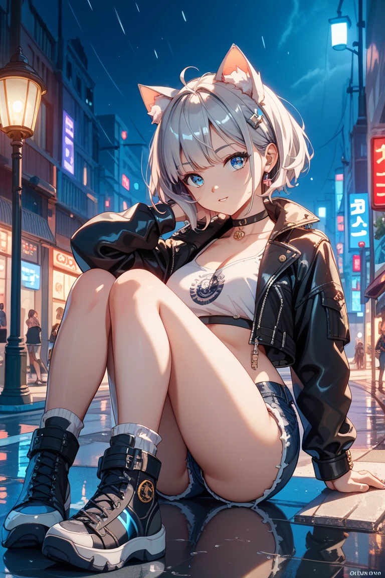 (nsfw:1.5),(ultra-realistic, highres, best quality, 4k, professional, cowboy shot), an image of a character sitting in a neon lit area, beauty eyes, sharp eyes. Her Asymmetric Pixie hairstyle, silver hair, short hair, and left-facing bangs with red highlights make her stand out. in the style of pastel goth, chinapunk, cryptid academia, album covers, cityscape, dark purple and black, onii kei