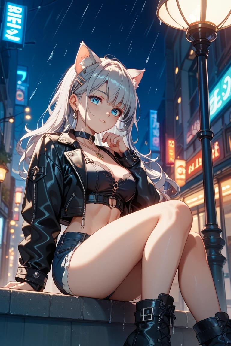 Create a top-quality image of a beautiful 18-year-old wolf girl with long, flowing hair and striking blue eyes. She is wearing a see-through crop top that barely covers her breasts, accentuating her slender, graceful figure. Paired with this, she is dressed in short shorts or sleep shorts that highlight her toned legs.

The girl is seated on a balcony, with the backdrop of a modern city skyline illuminated by city lights. It’s nighttime, and the rain is gently falling, creating a soft, reflective sheen on the balcony floor. Raindrops trickle down the glass railing, adding to the serene and moody ambiance.

She poses in a seductive manner, facing the camera with a captivating gaze. Her expression is both alluring and mysterious, drawing the viewer into the scene. The cozy atmosphere is enhanced by the warm glow of nearby city lights contrasting with the cool, rainy night. Intricate details, such as the texture of her hair, the transparency of her crop top, and the reflections in the raindrops, contribute to the high-quality visual artistry of the image.

The overall ambiance is cozy and alluring, with a perfect blend of modern urban elements and the enchanting presence of the wolf girl.
