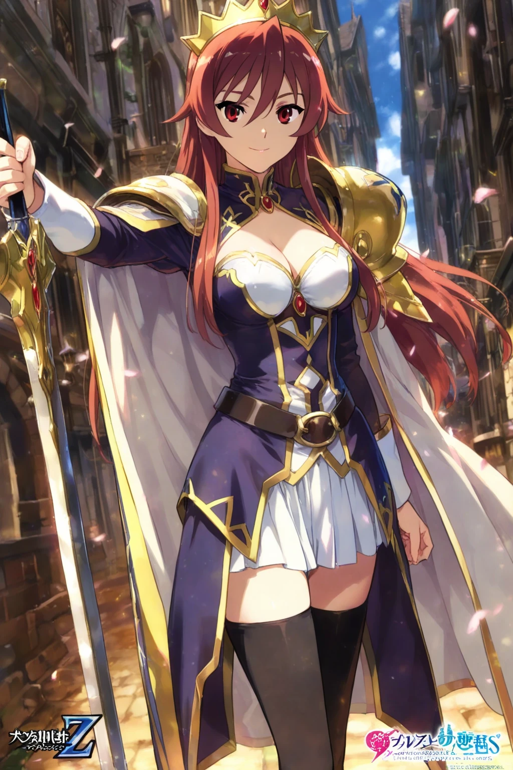 Erza scarlet, fairy tail, anime style, black armor, sitting cross-legged, smile