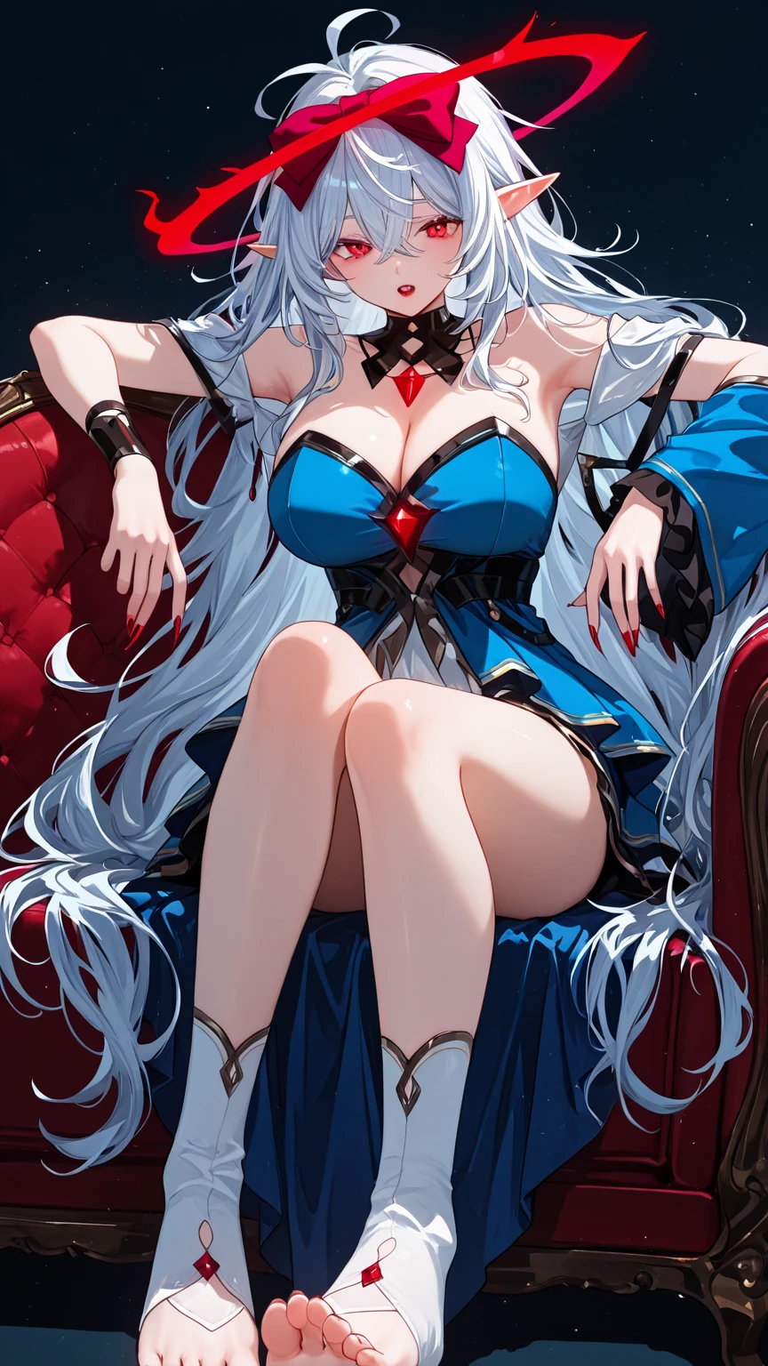 (Masterpiece:1.2), best quality, (illustration:1.2), (ultra-detailed), hyper details, (delicate detailed), (focus on panties), slightly spread legs, lace stockings, perky, (Intricate details), (cinematic lighitnglamplight, Best quality backlight), 清晰的线条, look from down,raising her legs,Show your legs, solo women, Plump the body,huge tit，Bigboobs，nedium breasts，gigantic cleavage breasts，cleavage， (1girl), White hair, Glowing blue eyes, huge tit:1.4,(White lace underwear,White lace panties),White panty hose，Burst shoes，(tiara crown:1.1) , sitting on an royal throne, Close your eyes slightly, looking-down, Turning Head, ( vred:1.3), ((makeup)), High contrast, (best illumination, an extremely delicious and beautiful), ((cinematic light)), colorful,
