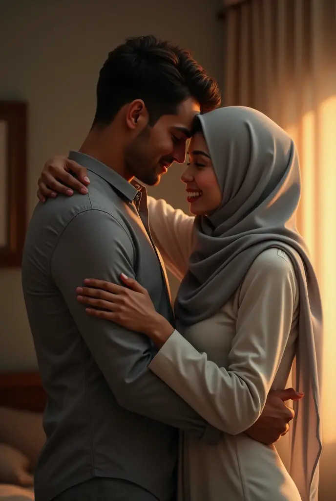 A Muslim woman in hijab and trousers bends down on a table to put tea. her husband, sitting behind her, grabs her buttocks.