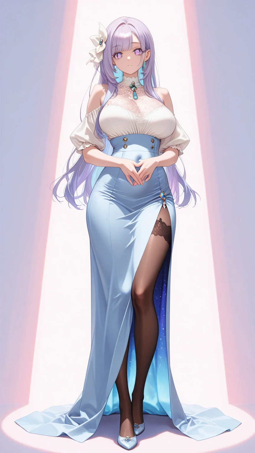 A 20-year-old female angel with long, white hair, yellow eyes, white cat ears, and large white angel wings. yellow halo ring round white glasses (White evening dress, sexy long skirt, hands touching lips