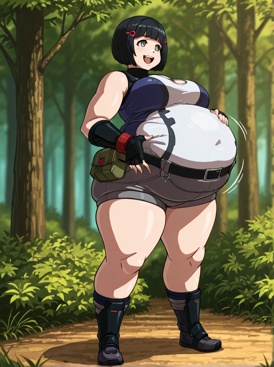 art by kipteitei, 1girl, dark green hair , hair in pony tail, maki zenin from the anime jujutsu kaisen, big plump belly, huge belly, pretty face, nose, lips, beautiful eyes, circle glasses, (best quality, masterpiece, 4k, sharp focus), professional photograph, sharp focus, dramatic, award winning, cinematic lighting, octane render, unreal engine, volumetrics dtx,