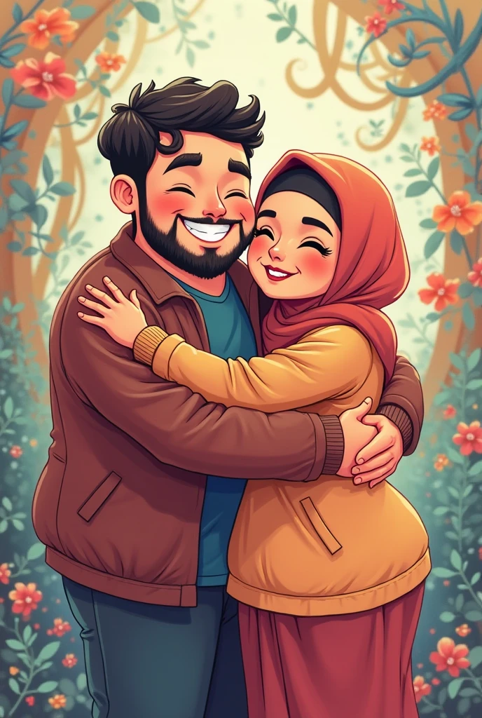 Lovely couple cartoon with the guy hansome fat man and the girl use full hijab celebrate their unniversary marriage