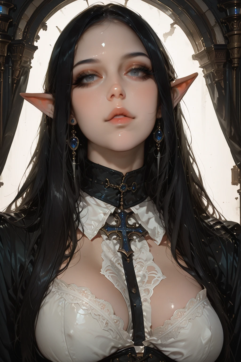 A beautiful female elf, long black hair, pointed ears, chained in dramatic dungeon, mournful expression, detailed facial features, short tunic with ruffles and ribbon, revealing cleavage and figure, rhombus stripes accentuate form, hands and neck bound by intricate chains, cinematic natural lighting, inspired by Alphonse Mucha art