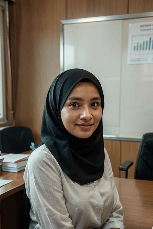 An indonesian woman wearing black suit with cream shirt, wearing hijab. Cubby, fat,  Background blue smoke photography backdrop, close up, realistic, detail UHD 8k