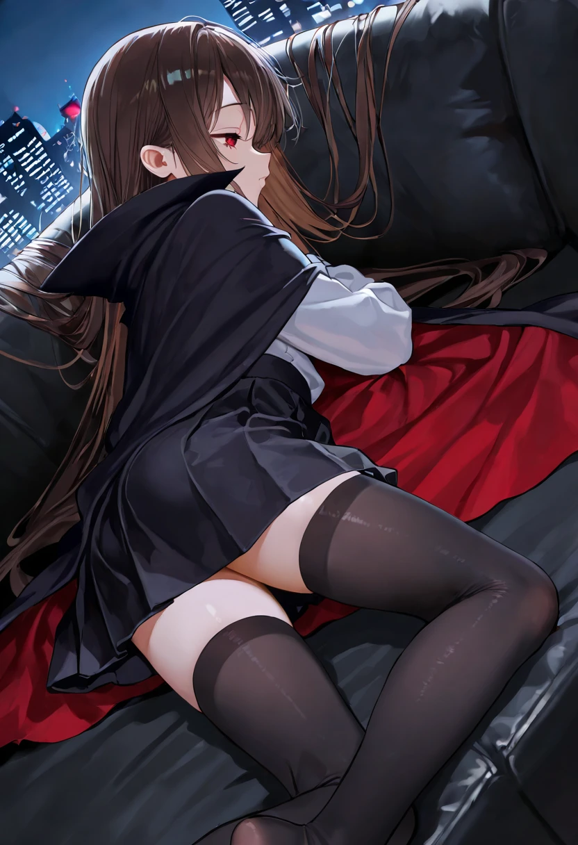 Lying down on her tummy, girl, skirt up, black skirt, long hair, no panties, flushed buttocks, brown hair, headphones, red hoodie, black socks, green eyes, hard palm marks, punishment, crying, time-out, front and behind pov