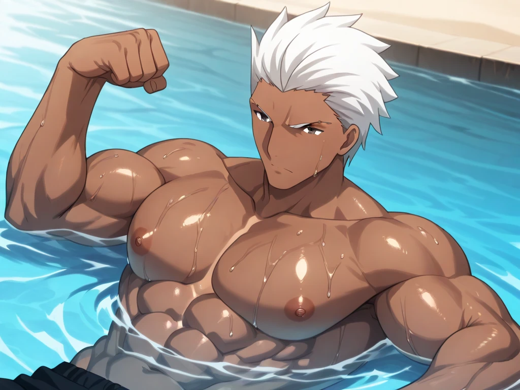 muscular man, white hair, red eyes, short hair, 1man, mature, big arms, big pecs, abs