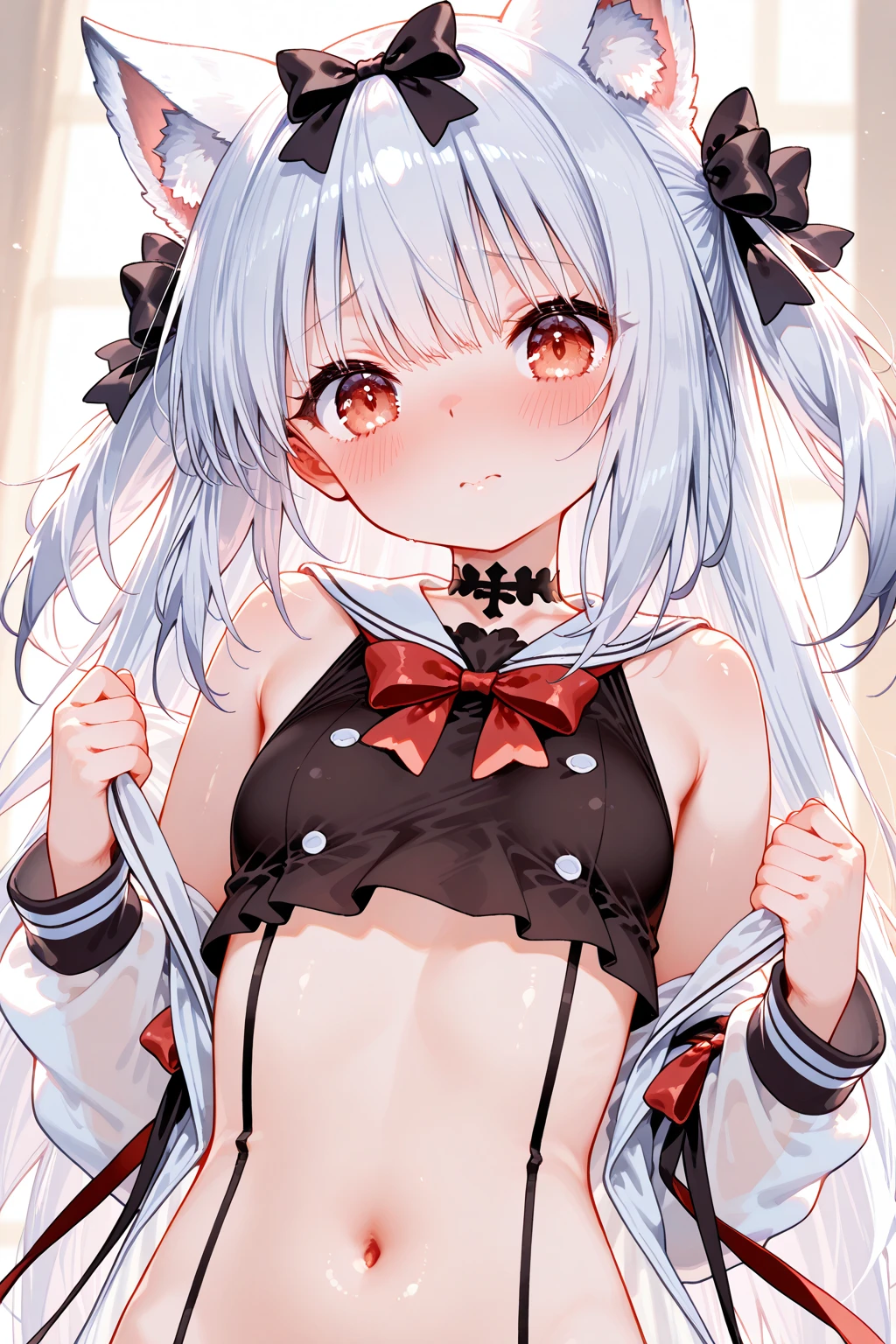 beautiful, masterpiece, Highest quality, anime, One girl,Portrait Shot, View your viewers, Covered、Long Hair、nearby、Blue Eyes、art、White hair,black streaked hair、Thighs、Braid、Wet Shirt、 Light black bikini、Pool、Bright、smile、See-through bikini、Lifesaver、Sun visor、belt