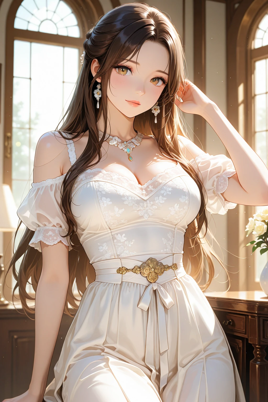 one girl, sunny day, summer dress,(jang wonyoung), long hair, transparent white clothes, smiling, red lips, light and shadow,cleavage