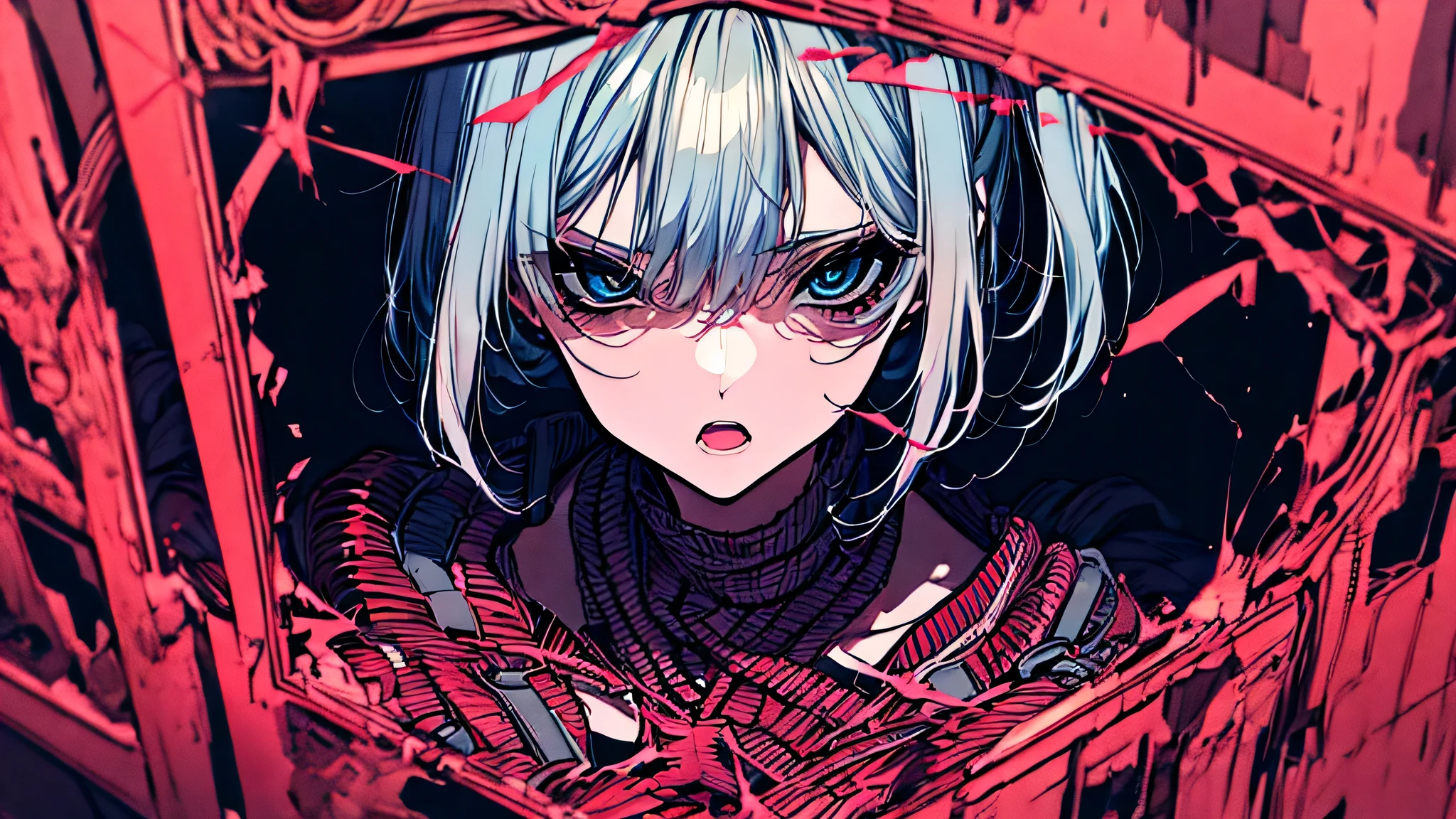 a closeup of a, big eyes, Eyes, compound eyes, Unique pupils, Unusual pupils,kaneki, monochrome, radioactive light, anime2018::1,  red::1, neoncolor::1,, detail 1.5, detail face, ultra quality, ultra graphics,  bloom 1.0, ghoul, depression, ultra realistic, anime irl,anime boy, dark style, HDR, RTX, body crumbles , detailed face,soft lighting, by makoto shinkai,digital painting,looking into camera",  8K, extra limbs,big dreamy eyes,blurry, smooth soft skin, cloned face, symmetrical,neon liquid flows from the eyes,anime Art,photo, face cracking  , Key: red, eye blood, realistic, realistic light, realistic anime, realistic shadows, liquid dripping from wood,depressive, clouds, sakura, spider lily , detailed eyes, eye focus, eye lashes, fluffy bottom eyelashes:1.5, pale face, very red eyes, gloomy atmosphere, scary picture, forest, fog, neon red liquid flows from the trees, dark atmosphere, body crumbles, braids, rain, blood on the ground, fire, close-up eyes,best generation, ultra generation, generation 3000, 2048×2048, face detailing, clothing detailing, symmetrical balance, tokyo ghoul, ghoul, kaneki, anime 2020, water and sky, black hair,detailed hair, Tokyo ghoul, kaneki, ghoul, depressive art, depression, boredom, sadness, cry, pain, black smoke, black energy, tentacles, kagune, blood, blood on the face, sea of blood, chains, barbed wire, fire, wide angle camera, many small details, spider lily, sakura, licorice, scalopendra, black background, hole in the body, dead inside, dead art, lying on the grass, manga style, comic style, multiple frames, the body is destroyed, manga Page, eyes everywhere, many eyes in the background, drawing of Ishida sui, art of Ishida sui, in the style of Ishida sui, two people, in full growth, depressive posture, spider lily flowers grow from the eye and body, poses for art, junji ito art, twins art, anime boy, kaneki manga, kaneki art, reflection in water, reflection on a surface, an eye made of a fl