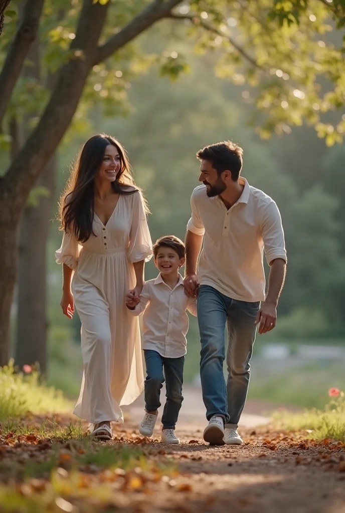 High Resolution, Masterpiece, Accurate, Best Quality, Detail, High Details, High Quality. A 2 Indonesian wife, wearing a white t shirt, blue jeans, long dark hair, white skin, height: 155 cm, weight: 45 kg. A 30 year old indonesian husband, wearing a white t shirt, a white pants, short dark hair, white skin, height: 160 cm, weight: 55 kg. A  boy with short hair, wearing yellow shirt, black pants, white skin, height: 95 cm, weight: 13 kg. The image shows a family of three - a man, a woman, and a young boy - running hand in hand in a park or garden. The family is walking on a grassy path surrounded by trees and greenery. The man is on the right side of the image. the woman is in the middle, and the boy is on her left side. All three are smiling and appear to be enjoying their time together.  The background is blurred, but it appears to be a wooded area with trees and bushes.
