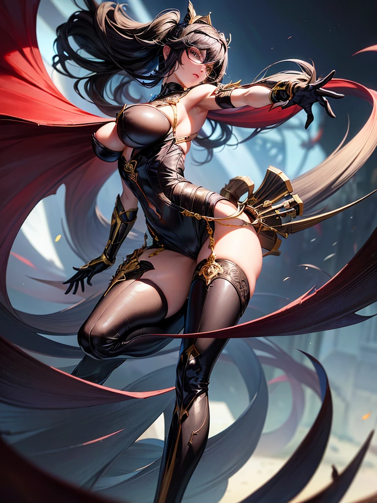 anatomically correct, best quality, masterpiece, high quality, high details, highres, HD, (shaded face:1.2), hollow eyes, red eyes, looking at viewer, smirk, upper teeth, pointy ears silver hair, hime_cut, long hair, huge breasts, sagging breasts, sweating, "Photorealistic, Hyperrealistic, Hyperdetailed, analog style, soft lighting, subsurface scattering, realistic, heavy shadow, masterpiece, best quality, ultra realistic, 8k, golden ratio, Intricate, High Detail, film photography, soft focus, fantasy art, ((detailed fingers:1.4)), Hot wear Ninja Bikini Armor with Smoke Aura, Full Body