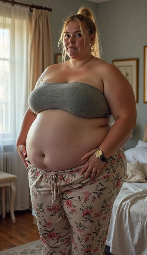 Woman in front with blond hair, ponytail, arms crossed behind head, she has very light skinblue top, jean, fat belly, large belly big love handles, large love handles, small navel, she make a kiss, garden background
